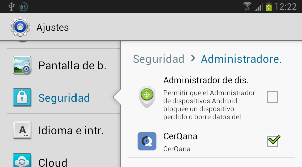 Ajustes / Seguridad / Administradores de dispositivos